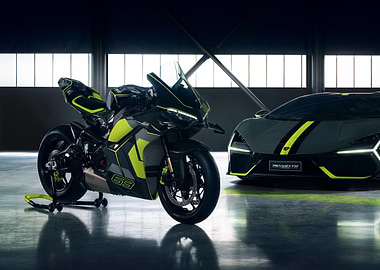 Motorcycle and Car with Neon Accents