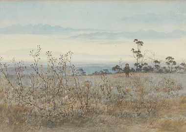 Watercolor Landscape with Figure and Field