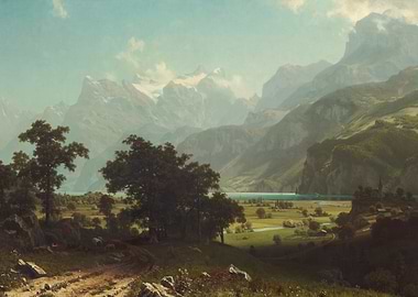 Mountain Landscape Painting with Lake View