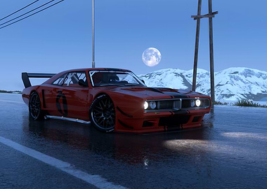 Red Race Car Under Moonlight