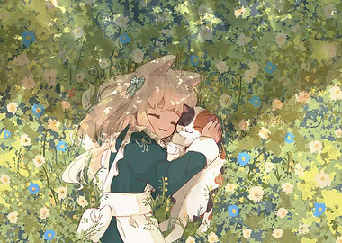 Girl and Cat in Flower Field