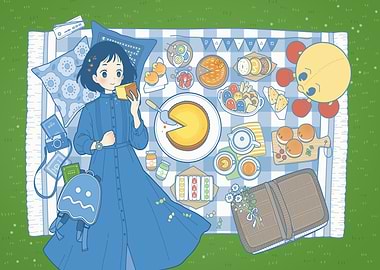 Picnic Illustration with Girl and Food