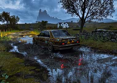 Rusty Car in Rural Landscape