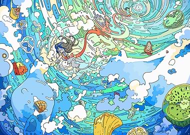 Dreamy Girl with Bears and Fruits