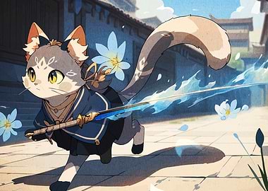 Anime Cat Samurai with Sword