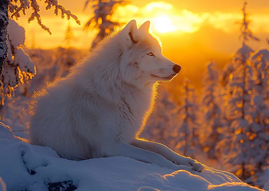 White Wolf in Winter Sunset