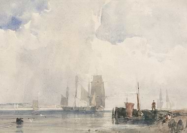 Watercolor Painting of Ships in Harbor