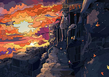 Anime Girl at Sunset in Japanese Town