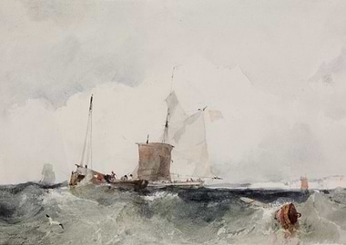 Watercolor Painting of Sailboats on Rough Sea