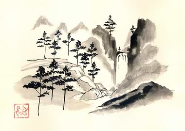 Ink Wash Painting of Mountain Landscape