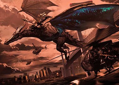 Dragon Rider over Cityscape