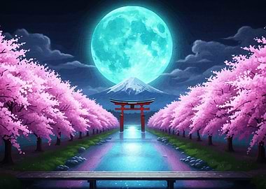 Japanese Cherry Blossoms Moon