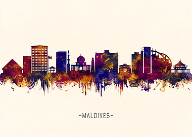 Maldives Skyline Watercolor Silhouette