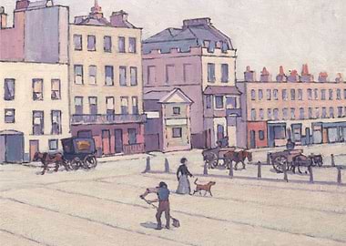 Cityscape Painting with Carriages and Figures