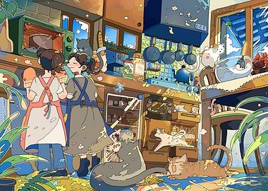 Cozy Kitchen Scene with Girls and Cats