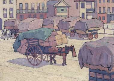 Horse-drawn carts in a town square