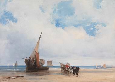 Beach Scene with Boats and Horses