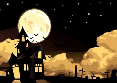 Spooky Halloween Haunted House Night Scene