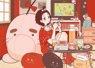 Girl Gaming with Plushies in Room