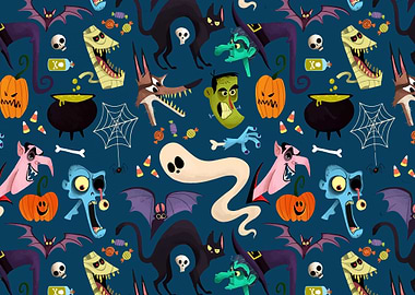 Halloween Cartoon Pattern on Dark Blue