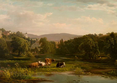 Pastoral Landscape with Cows and Village