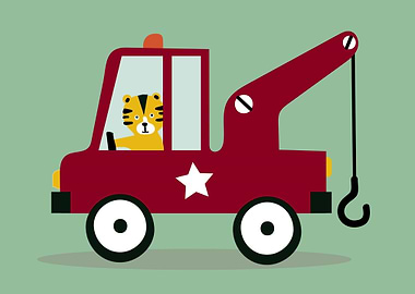 Cartoon Tiger Driving a Tow Truck