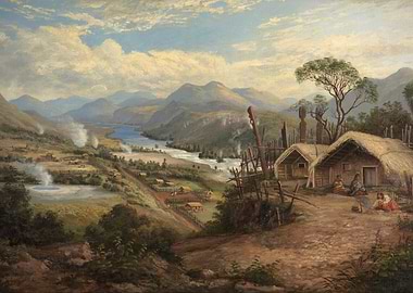 New Zealand Landscape with Maori Village