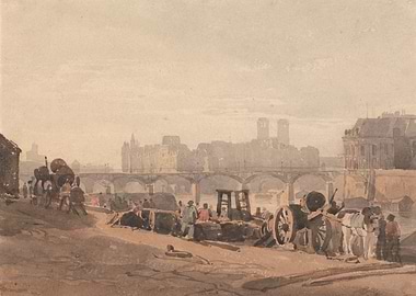 Parisian cityscape with bridge and figures