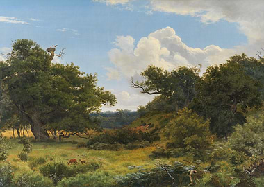 Landscape Painting with Deer and Stork
