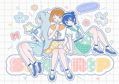 Three Girls Sitting on 'SKIP' Word