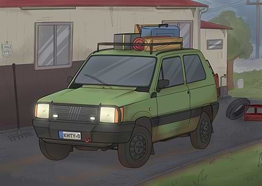 Green Fiat Panda with roof rack