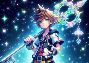 Sora with Keyblade in starry background