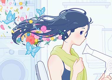 Girl with Floral Hair and Butterflies