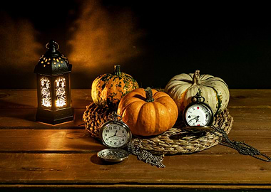 Autumn Still Life with Pumpkins and Clocks