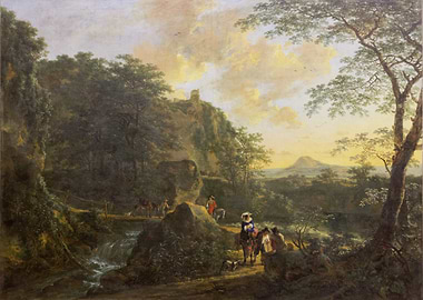 Landscape painting with figures and animals