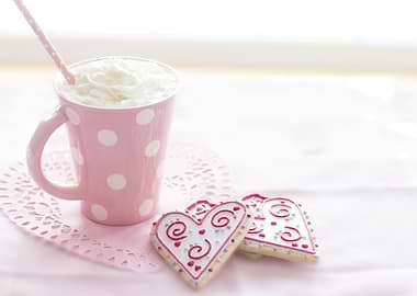Pink Polka Dot Mug with Heart Cookies