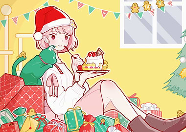 Christmas Anime Girl with Cake and Cat