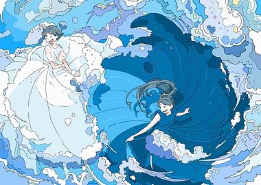 Dual-Toned Ocean Wave with Anime Girls