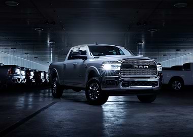 Silver Ram Truck in Dark Garage