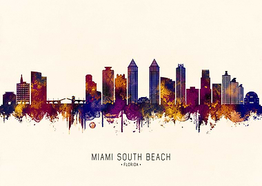 Miami South Beach Watercolor Skyline