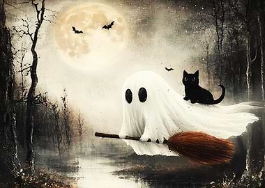 Halloween Ghost Cat Broom Moonlight