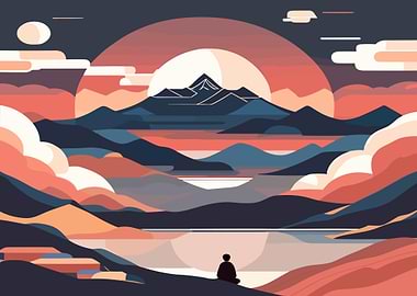 Minimalist Mountain Landscape with Meditating Figure