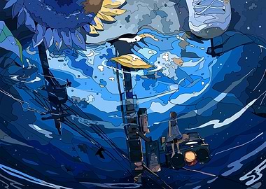 Blue Dreamscape with Girl and Sunflower