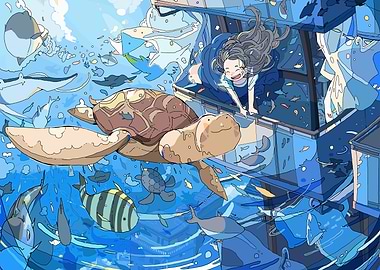 Girl, Turtle, and Underwater Cityscape