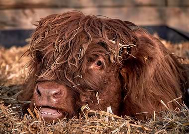 Highland Cow Portrait in Hay