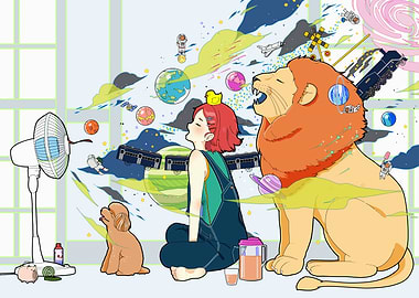 Imaginative Scene with Girl, Lion, and Dog