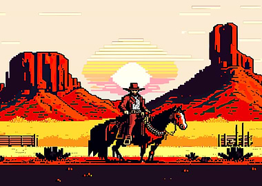 Pixel Art Cowboy on Horseback