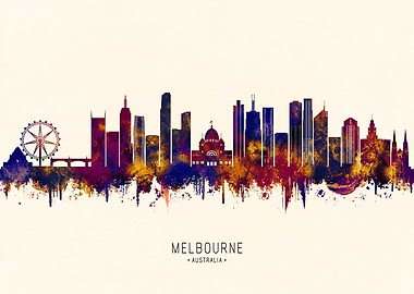 Melbourne Australia Skyline Watercolor Silhouette