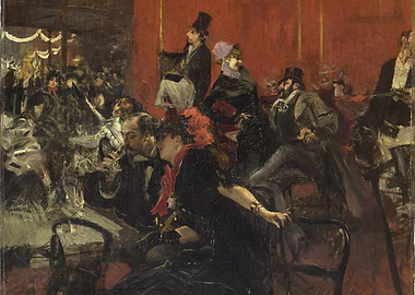 Impressionist painting of a crowded theater