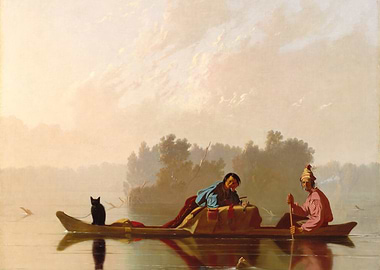 Native Americans in Canoe with Cat